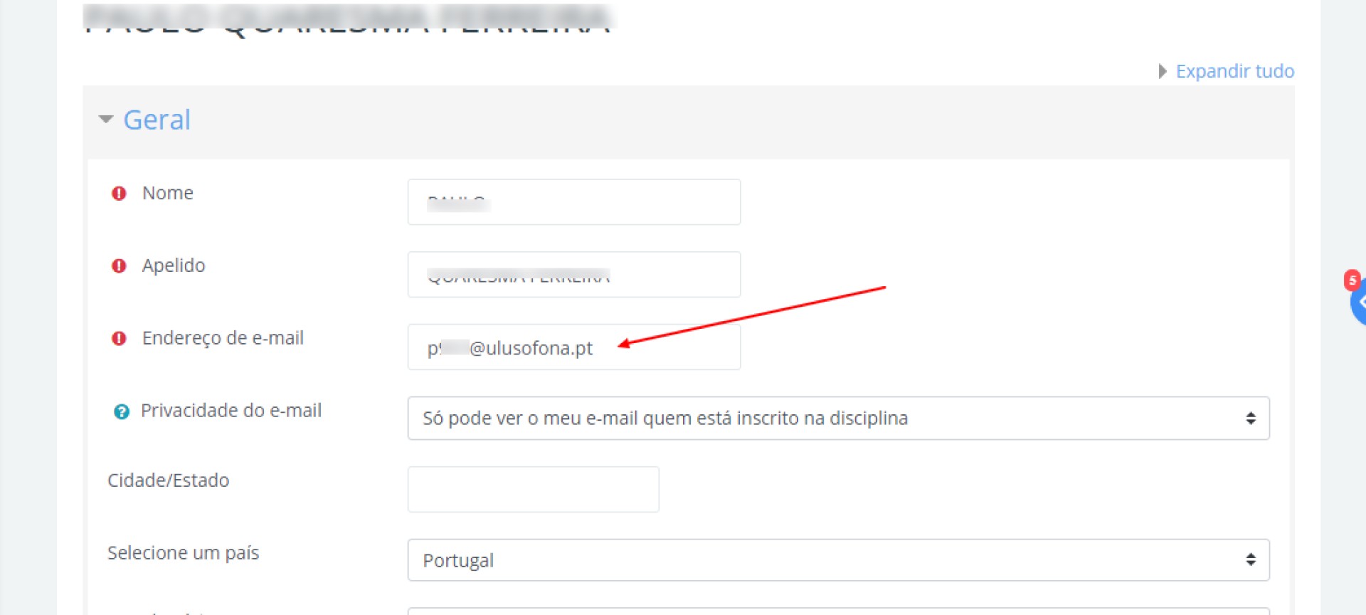 alterar email perfil moodle 4 1920